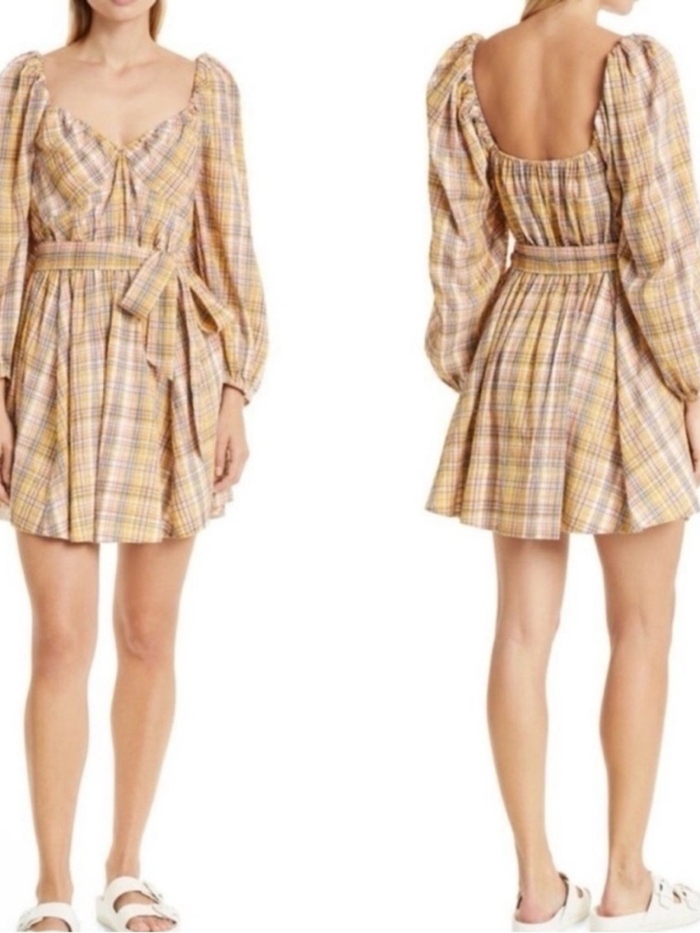 NWT Tanya Taylor Xena Yellow Plaid Puff-Sleeve Mini Dress - Picture 3 of 5